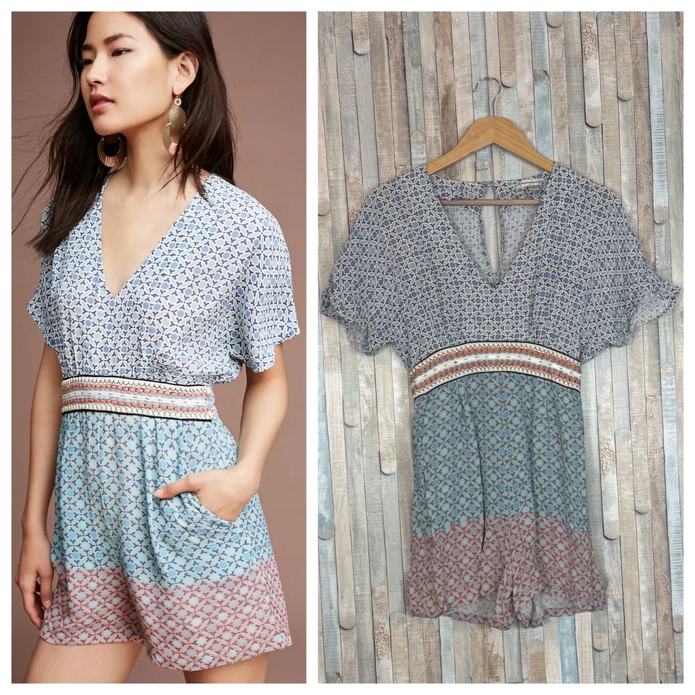 Anthropologie‎ S Conditions Apply Priscilla Printed Romper V Neck Beaded Boho